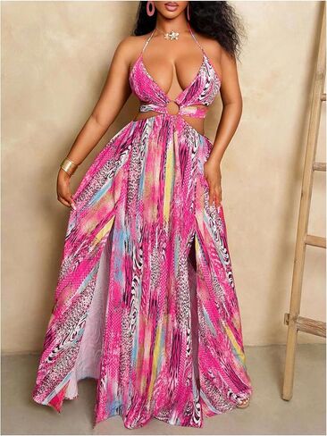 OYOANGLE Women's Boho Maxi Dress Printed Ring Linked Tie Backless High Slit Ruffle A Line Vacation Hawaiian Dresses in Saudi Arabia