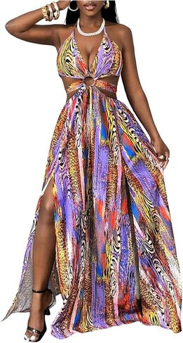 OYOANGLE Women's Boho Maxi Dress Printed Ring Linked Tie Backless High Slit Ruffle A Line Vacation Hawaiian Dresses in Saudi Arabia