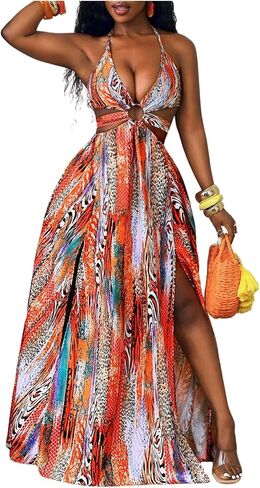 OYOANGLE Women's Boho Maxi Dress Printed Ring Linked Tie Backless High Slit Ruffle A Line Vacation Hawaiian Dresses in Saudi Arabia