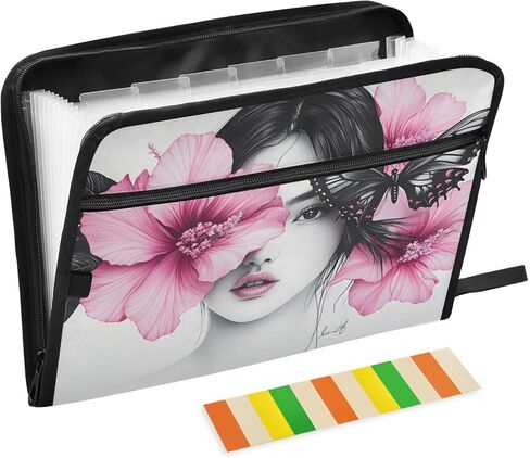 Woman Flower Art Expandable Filing Folder, 13-Pocket Cute Design with Sticky Labels, A4 Letter Size Document Organizer for Office, School, Boys, Girls in Saudi Arabia