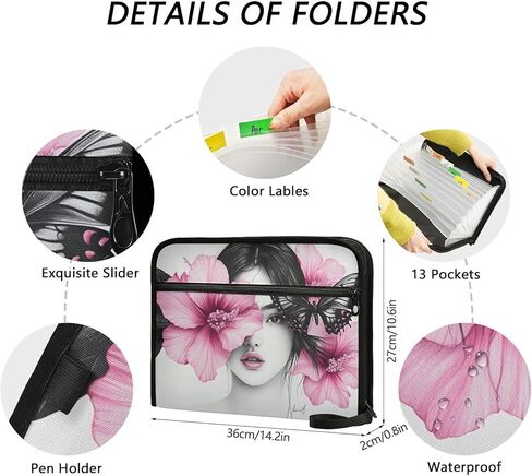 Woman Flower Art Expandable Filing Folder, 13-Pocket Cute Design with Sticky Labels, A4 Letter Size Document Organizer for Office, School, Boys, Girls in Saudi Arabia