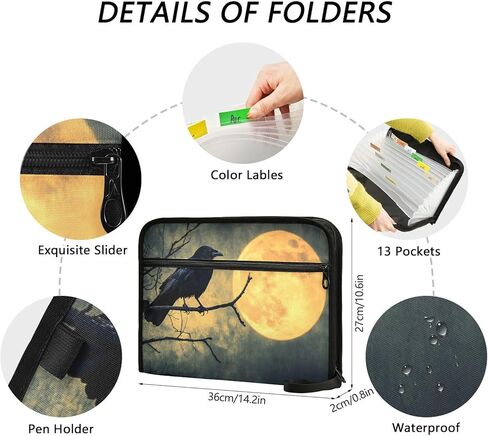 Crow Gothic Full Moon Expandable File Folder with 13 Pockets, Funny & Cute Design, A4/Letter Size Document Organizer with Sticky Labels for Girls, Boys, School, Office in Saudi Arabia
