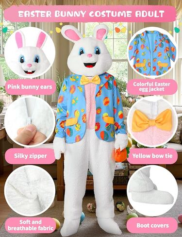 Easter Bunny Costume Adult Rabbit Mascot Suit 6PCS Deluxe Plus Size Bunnies Onesie Outfit Carrot Bag for Men Women in Saudi Arabia