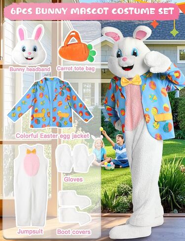 Easter Bunny Costume Adult Rabbit Mascot Suit 6PCS Deluxe Plus Size Bunnies Onesie Outfit Carrot Bag for Men Women in Saudi Arabia