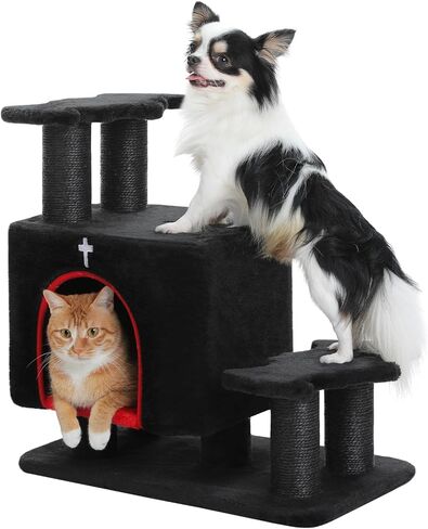 3-in-1 Cat Stairs with Scratching Post & Condo, Pet Steps, Dark Grey in Saudi Arabia