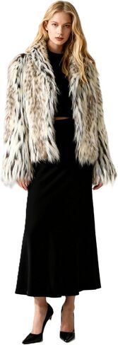 Women's Faux Fur Winter Coat Open Front Long Sleeve Fluffy Tabby Leopard Mix Color Coat With Pockets in Kuwait