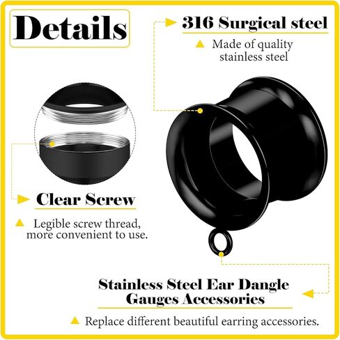 Yaalozei 8G-25mm DIY مقاييس للأذنين 316L الفولاذ الجراحي مزدوج الأنفاق المتوهجة المقابس الأقراط جوفاء داخليا مترابطة الأذن مقاييس ثقب للنساء الرجال الفضة الأسود لهجة الذهب in Kuwait