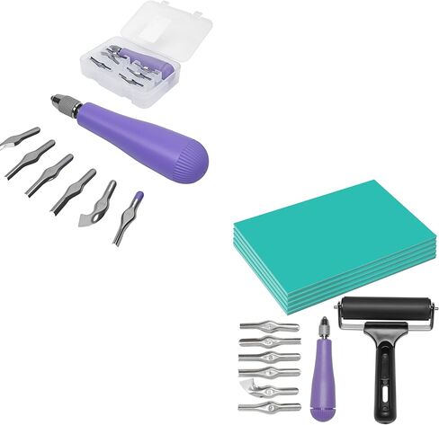 UCEC 1+7 Pack Linocut Carving Tools Linoleum Cutter & Linocut Block Printing Kit – Includes 5 Soft 4" x 6" Linoleum Blocks and Lino Cutting Tools with 6 Blades Universal Size, 4’’ Brayer Roller, Compl in Saudi Arabia