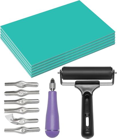 UCEC 1+7 Pack Linocut Carving Tools Linoleum Cutter & Linocut Block Printing Kit – Includes 5 Soft 4" x 6" Linoleum Blocks and Lino Cutting Tools with 6 Blades Universal Size, 4’’ Brayer Roller, Compl in Saudi Arabia