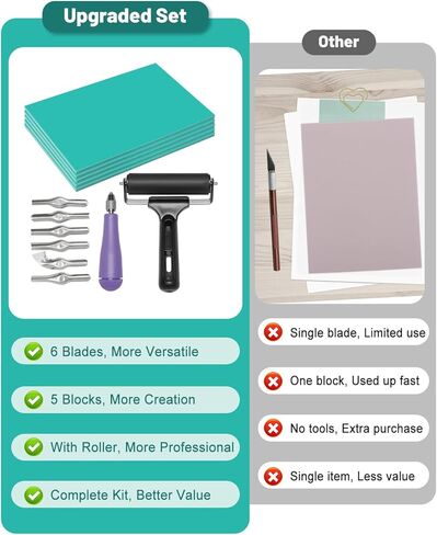 UCEC 1+7 Pack Linocut Carving Tools Linoleum Cutter & Linocut Block Printing Kit – Includes 5 Soft 4" x 6" Linoleum Blocks and Lino Cutting Tools with 6 Blades Universal Size, 4’’ Brayer Roller, Compl in Saudi Arabia