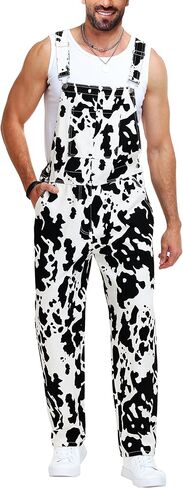 AOBUTE Mens Denim Bibs Overalls Pants Animal Cow Print Work Casual Jumpsuit in Saudi Arabia