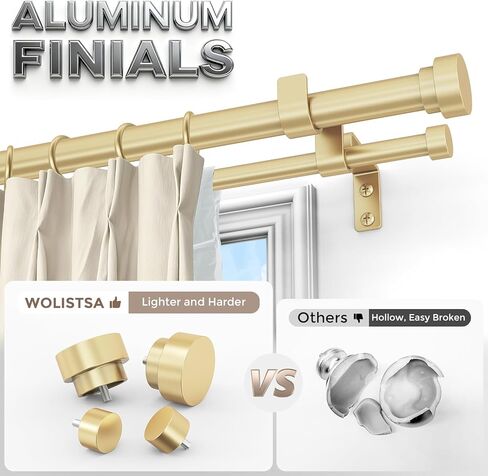 Double Curtain Rod, 1 Inch Gold Extra Long Dual Curtain Rods 72 to 144 Inch with Aluminium Modern End Cap Finial, Adjustable Heavy Duty Window Treatment Rods, Telescopic Metal Double Drapery Pole Set in Kuwait