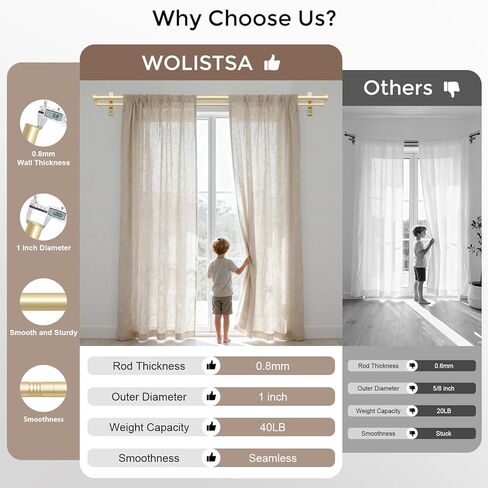 Double Curtain Rod, 1 Inch Gold Extra Long Dual Curtain Rods 72 to 144 Inch with Aluminium Modern End Cap Finial, Adjustable Heavy Duty Window Treatment Rods, Telescopic Metal Double Drapery Pole Set in Kuwait