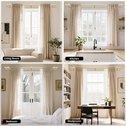 Double Curtain Rod, 1 Inch Gold Extra Long Dual Curtain Rods 72 to 144 Inch with Aluminium Modern End Cap Finial, Adjustable Heavy Duty Window Treatment Rods, Telescopic Metal Double Drapery Pole Set in Kuwait