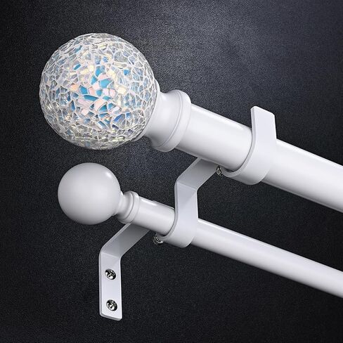 White Double Curtain Rod 72 to 144 Inch, Decorative Extra Long Dual Curtain Rod with Mosaic Glass Crystal Ball Finial, 1 Inch Adjustable Heavy Duty Cute Coastal Drapery Rods for Girls Room in Kuwait