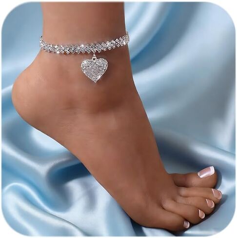 QWALIT Silver Anklet for Women Heart Anklets Women's Anklets Shinny Rhinestone Heart Anklet Bracelet Jewelry no Tarnish Waterproof Valentine's Day Vacation Beach Accessories in Saudi Arabia