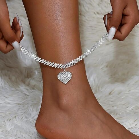 QWALIT Silver Anklet for Women Heart Anklets Women's Anklets Shinny Rhinestone Heart Anklet Bracelet Jewelry no Tarnish Waterproof Valentine's Day Vacation Beach Accessories in Saudi Arabia