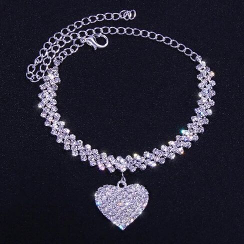 QWALIT Silver Anklet for Women Heart Anklets Women's Anklets Shinny Rhinestone Heart Anklet Bracelet Jewelry no Tarnish Waterproof Valentine's Day Vacation Beach Accessories in Saudi Arabia