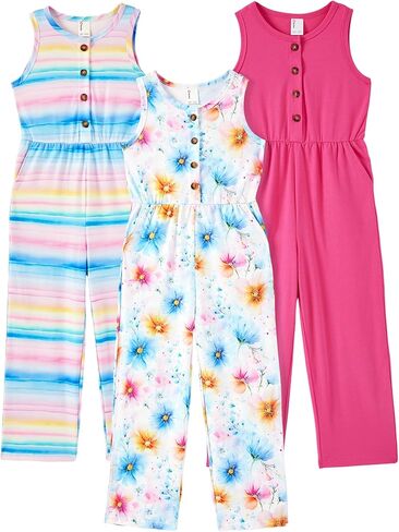 PATPAT 3 Pack Girls Jumpsuits Solid Color Floral Print Button Down Sleeveless Jumpsuits Long Romper Pants with Pockets 5-14Y in Kuwait