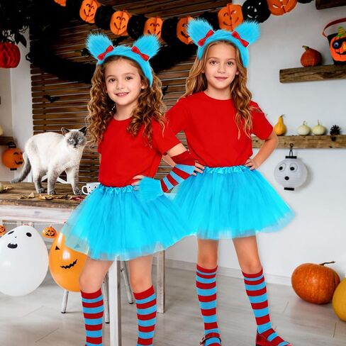 مجموعة أزياء الهالوين للفتيات مكونة من 5 قطع، تنورة توتو زرقاء/عصابة رأس منفوشة/أساور معصم قطيفة/جوارب مخططة/قفازات in Kuwait