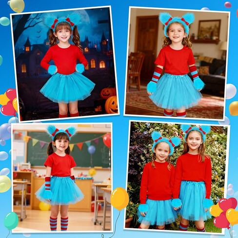 مجموعة أزياء الهالوين للفتيات مكونة من 5 قطع، تنورة توتو زرقاء/عصابة رأس منفوشة/أساور معصم قطيفة/جوارب مخططة/قفازات in Kuwait