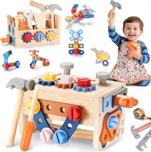 مجموعة أدوات rexbeti Kids ، مقعد 43pcs لأدوات الأطفال الخشبية مع التدريبات الكهربائية ، ساحة وملصقات حزمة (50pcs) ، مجموعة أداة Montessori Construction Toddler in Kuwait