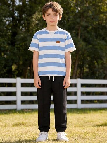 Kids 2-Piece Outfit Set, Blue Striped Short Sleeve T-Shirt & Black Jogger Pants, Kids Casual Clothing for 10-12 Years in Saudi Arabia