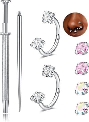 QWALIT Silver 18g Horseshoe Nose Ring Double Stud Gem Horse Shoe Nose Ring Hoop for Women Surgical Steel U Shape Half Earring Tragus Earring Hoops Lip Helix Piercing Jewelry Septum Rings 6mm 8mm in Saudi Arabia