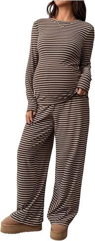 SHENHE Women's Maternity 2 Piece Outfits Striped Long Sleeve Knit Top and Pants Set Loungewear in Saudi Arabia