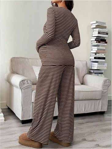 SHENHE Women's Maternity 2 Piece Outfits Striped Long Sleeve Knit Top and Pants Set Loungewear in Saudi Arabia
