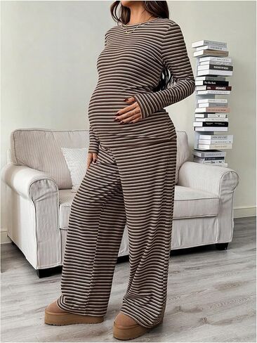 SHENHE Women's Maternity 2 Piece Outfits Striped Long Sleeve Knit Top and Pants Set Loungewear in Saudi Arabia