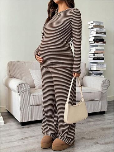 SHENHE Women's Maternity 2 Piece Outfits Striped Long Sleeve Knit Top and Pants Set Loungewear in Saudi Arabia