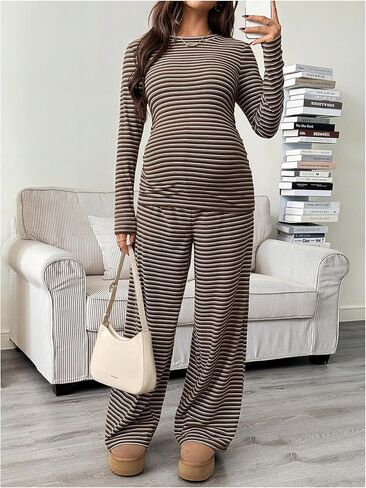 SHENHE Women's Maternity 2 Piece Outfits Striped Long Sleeve Knit Top and Pants Set Loungewear in Saudi Arabia