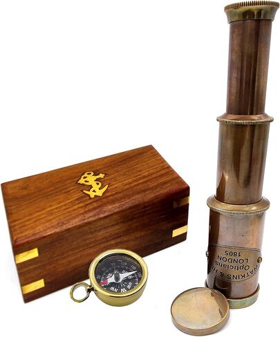 Nautical Brass Spyglass Telescope with Wooden Box, Pirate Collapsible Monocular Decorative Telescope with Glass Optics for Gift (Antique Finish) in Saudi Arabia