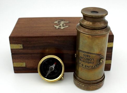 Nautical Brass Spyglass Telescope with Wooden Box, Pirate Collapsible Monocular Decorative Telescope with Glass Optics for Gift (Antique Finish) in Saudi Arabia