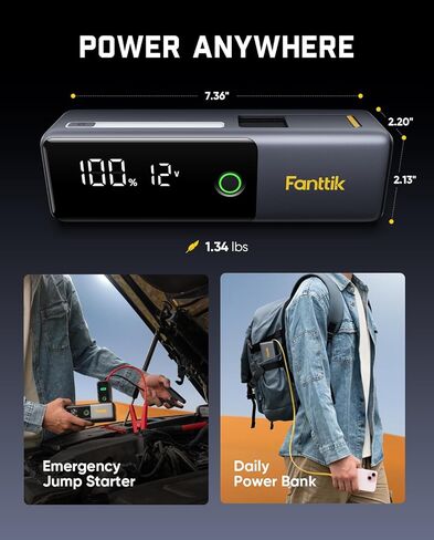Fanttik Potent T10 1800A جهاز تشغيل القفز المحمول، بنك طاقة 12000 مللي أمبير في الساعة، صندوق قفز ليثيوم آمن 12 فولت مع مشبك ذكي ذكي، كابل شحن قابل للسحب، معزز البطارية لمحركات الغاز 7.0 لتر وديزل 5.0 لتر in Kuwait