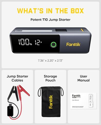 Fanttik Potent T10 1800A جهاز تشغيل القفز المحمول، بنك طاقة 12000 مللي أمبير في الساعة، صندوق قفز ليثيوم آمن 12 فولت مع مشبك ذكي ذكي، كابل شحن قابل للسحب، معزز البطارية لمحركات الغاز 7.0 لتر وديزل 5.0 لتر in Kuwait