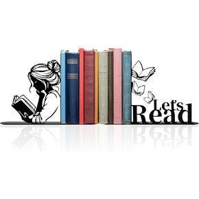 Metal Girl Reading Book Bookends，Lets Read Bookends for Shelves Bookshelf Decorative Objects Home Office Desk Bookshelf Decor Nice Gift for Women (Black) in Kuwait