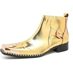 Santimon Chelsea Boots Men Gold Dress Casual Genuine Leather Metal Square Toe Cowboy Boots for Men Fahion Prom Wedding Western Party Disco Ballroom Tuxedo Ankle Boots in Saudi Arabia