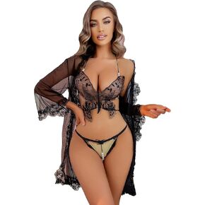 WDIRARA Women's Sexy Floral Lace Appliques Spaghetti Strap Lingerie Set with Sheer Mesh Robe in Saudi Arabia