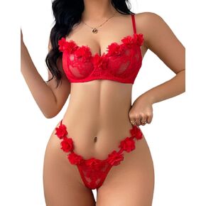 طقم ملابس نوم نسائية مكون من قطعتين لعيد الحب، لون سادة، دانتيل على شكل زهرة، بدون أكمام، حمالة صدر منخفضة الخصر، بدلة ثونغ in Kuwait