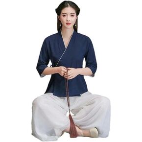 Tai Chi Chinese Style Zen Summer mid-Sleeved Casual Shirt Tied Cotton Linen Hanfu Kung Fu top Sports V-Neck in Saudi Arabia
