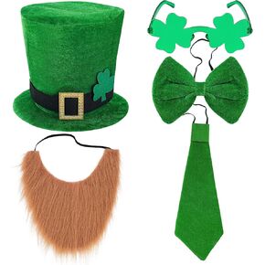 St. Patrick's Day Costume Suit Leprechaun Costume Set Hat, Shamrock Glasses, Bow, Bow Tie, Beard for Irish Party in Kuwait