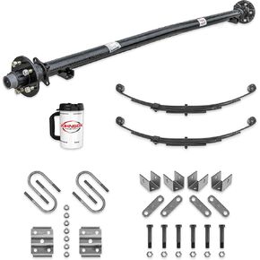 مجموعة محاور المقطورة Rockwell American 3,500 lb Idler Trailer - 85 بوصة محور مركزي / مركز زنبركي 70 بوصة - نمط مسمار 5 على 4.5 بوصة، نوابض عين مزدوجة، مسمار على شكل حرف U ومجموعة شماعات - مجموعة معدات الجري in Kuwait