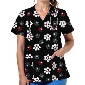 Scrubs for Women V Neck Cute Printed Scrub Tops Women Nurse Shirt Soft Casual Uniform with 2Pockets in Saudi Arabia