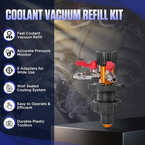 MR CARTOOL Coolant System Refill Kit, Automotive Vacuum Fill Coolant Tool Set with Pressure Gauge, 5 Adapters and Air Connectors, Antifreeze Change Tool for Testing Radiator and Heating Core Pipes in Saudi Arabia