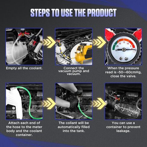 MR CARTOOL Coolant System Refill Kit, Automotive Vacuum Fill Coolant Tool Set with Pressure Gauge, 5 Adapters and Air Connectors, Antifreeze Change Tool for Testing Radiator and Heating Core Pipes in Saudi Arabia