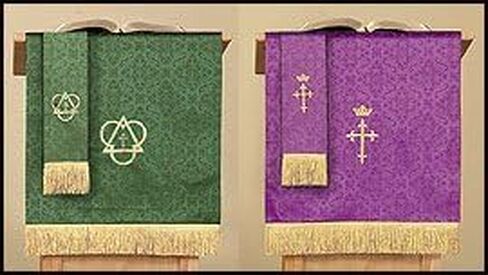 Autom Purple and Green Jacquard Reversible Pulpit Scarf with Cross in Saudi Arabia
