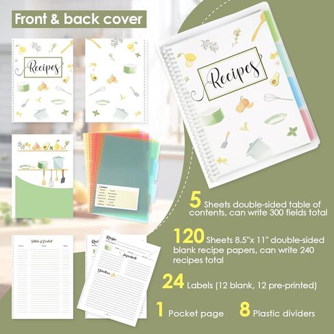8.5" x 11" Recipe Book to Write in Your Own Recipes, Personal Blank Recipe Notebook Binder, Removable Hardcover Empty Recipe Journal Cookbook Binder with 8 Dividers and 24 Tabs, Hold up to 240 Recipes in Kuwait