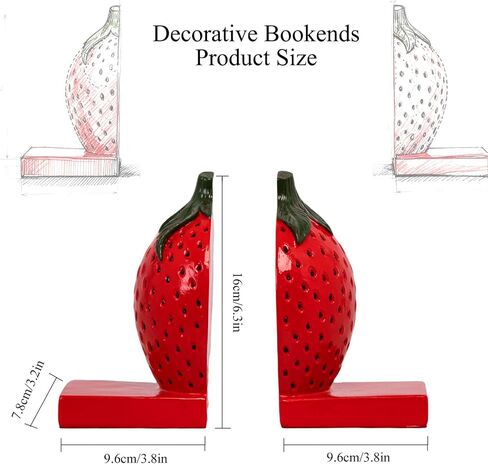 Strawberry Decorative Bookends, Resin Book Ends for Shelves with Cute Aesthetic Design, Bookshelf Decor for Home Office, Desk, Library, Book Holder for Heavy Books, Unique Gift, Set of 2 in Saudi Arabia